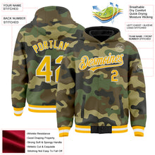 Laden Sie das Bild in den Galerie-Viewer, Custom Camo Gold-White Bomber Full-Snap Varsity Letterman Salute To Service Hoodie Jacket