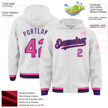 Laden Sie das Bild in den Galerie-Viewer, Custom White Pink Purple-Black Bomber Full-Snap Varsity Letterman Hoodie Jacket