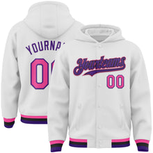 Laden Sie das Bild in den Galerie-Viewer, Custom White Pink Purple-Black Bomber Full-Snap Varsity Letterman Hoodie Jacket