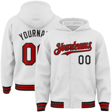 Загрузить изображение в средство просмотра галереи, Custom White Red-Black Bomber Full-Snap Varsity Letterman Hoodie Jacket