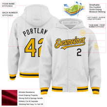 Laden Sie das Bild in den Galerie-Viewer, Custom White Gold-Black Bomber Full-Snap Varsity Letterman Hoodie Jacket