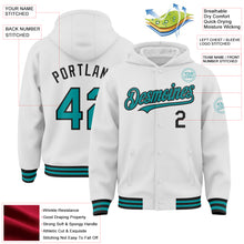 Laden Sie das Bild in den Galerie-Viewer, Custom White Teal-Black Bomber Full-Snap Varsity Letterman Hoodie Jacket