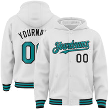 Laden Sie das Bild in den Galerie-Viewer, Custom White Teal-Black Bomber Full-Snap Varsity Letterman Hoodie Jacket
