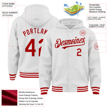 Laden Sie das Bild in den Galerie-Viewer, Custom White Red Bomber Full-Snap Varsity Letterman Hoodie Jacket