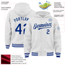 Laden Sie das Bild in den Galerie-Viewer, Custom White Royal Bomber Full-Snap Varsity Letterman Hoodie Jacket