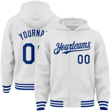 Laden Sie das Bild in den Galerie-Viewer, Custom White Royal Bomber Full-Snap Varsity Letterman Hoodie Jacket