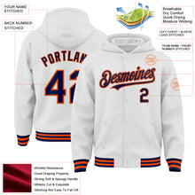 Laden Sie das Bild in den Galerie-Viewer, Custom White Navy-Orange Bomber Full-Snap Varsity Letterman Hoodie Jacket