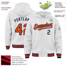 Laden Sie das Bild in den Galerie-Viewer, Custom White Orange-Navy Bomber Full-Snap Varsity Letterman Hoodie Jacket