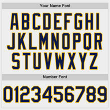 Laden Sie das Bild in den Galerie-Viewer, Custom White Navy-Gold Bomber Full-Snap Varsity Letterman Hoodie Jacket