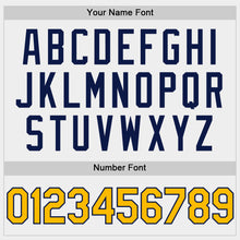 Laden Sie das Bild in den Galerie-Viewer, Custom White Gold-Navy Bomber Full-Snap Varsity Letterman Hoodie Jacket