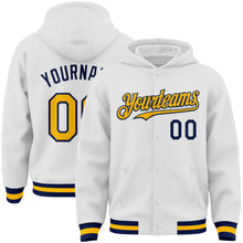 Laden Sie das Bild in den Galerie-Viewer, Custom White Gold-Navy Bomber Full-Snap Varsity Letterman Hoodie Jacket