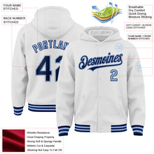 Laden Sie das Bild in den Galerie-Viewer, Custom White Navy-Light Blue Bomber Full-Snap Varsity Letterman Hoodie Jacket