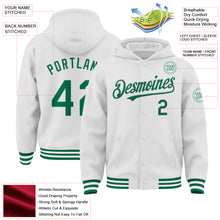 Загрузить изображение в средство просмотра галереи, Custom White Kelly Green Bomber Full-Snap Varsity Letterman Hoodie Jacket