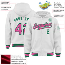 Laden Sie das Bild in den Galerie-Viewer, Custom White Pink-Kelly Green Bomber Full-Snap Varsity Letterman Hoodie Jacket