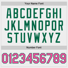 Laden Sie das Bild in den Galerie-Viewer, Custom White Pink-Kelly Green Bomber Full-Snap Varsity Letterman Hoodie Jacket