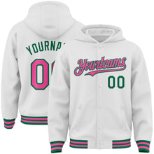 Laden Sie das Bild in den Galerie-Viewer, Custom White Pink-Kelly Green Bomber Full-Snap Varsity Letterman Hoodie Jacket