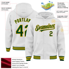 Laden Sie das Bild in den Galerie-Viewer, Custom White Green-Gold Bomber Full-Snap Varsity Letterman Hoodie Jacket