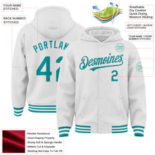 Laden Sie das Bild in den Galerie-Viewer, Custom White Teal Bomber Full-Snap Varsity Letterman Hoodie Jacket