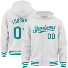 Laden Sie das Bild in den Galerie-Viewer, Custom White Teal Bomber Full-Snap Varsity Letterman Hoodie Jacket