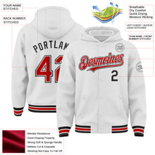 Laden Sie das Bild in den Galerie-Viewer, Custom White Red-Black Bomber Full-Snap Varsity Letterman Hoodie Jacket