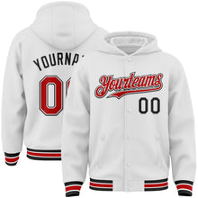 Laden Sie das Bild in den Galerie-Viewer, Custom White Red-Black Bomber Full-Snap Varsity Letterman Hoodie Jacket