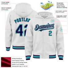 Laden Sie das Bild in den Galerie-Viewer, Custom White Navy Gray-Teal Bomber Full-Snap Varsity Letterman Hoodie Jacket