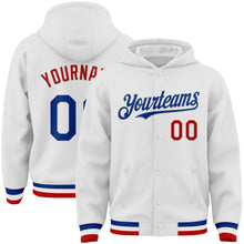 Laden Sie das Bild in den Galerie-Viewer, Custom White Royal-Red Bomber Full-Snap Varsity Letterman Hoodie Jacket