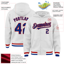 Laden Sie das Bild in den Galerie-Viewer, Custom White Royal-Red Bomber Full-Snap Varsity Letterman Hoodie Jacket