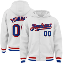 Laden Sie das Bild in den Galerie-Viewer, Custom White Royal-Red Bomber Full-Snap Varsity Letterman Hoodie Jacket