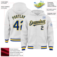 Laden Sie das Bild in den Galerie-Viewer, Custom White Royal-Yellow Bomber Full-Snap Varsity Letterman Hoodie Jacket