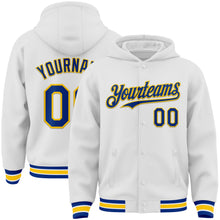 Laden Sie das Bild in den Galerie-Viewer, Custom White Royal-Yellow Bomber Full-Snap Varsity Letterman Hoodie Jacket