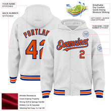 Laden Sie das Bild in den Galerie-Viewer, Custom White Orange-Royal Bomber Full-Snap Varsity Letterman Hoodie Jacket