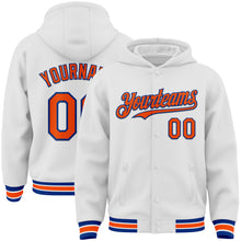 Laden Sie das Bild in den Galerie-Viewer, Custom White Orange-Royal Bomber Full-Snap Varsity Letterman Hoodie Jacket