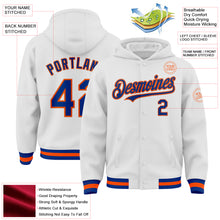 Laden Sie das Bild in den Galerie-Viewer, Custom White Royal-Orange Bomber Full-Snap Varsity Letterman Hoodie Jacket