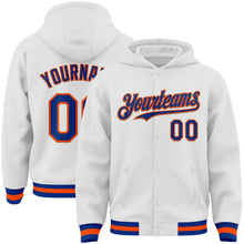 Laden Sie das Bild in den Galerie-Viewer, Custom White Royal-Orange Bomber Full-Snap Varsity Letterman Hoodie Jacket