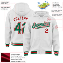 Load image into Gallery viewer, Custom White Kelly Green-Red Bomber Full-Snap Varsity Letterman Hoodie Jacket