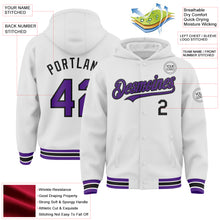 Load image into Gallery viewer, Custom White Purple-Black Bomber Full-Snap Varsity Letterman Hoodie Jacket