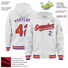 Laden Sie das Bild in den Galerie-Viewer, Custom White Orange-Purple Bomber Full-Snap Varsity Letterman Hoodie Jacket
