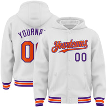 Laden Sie das Bild in den Galerie-Viewer, Custom White Orange-Purple Bomber Full-Snap Varsity Letterman Hoodie Jacket