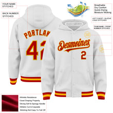 Laden Sie das Bild in den Galerie-Viewer, Custom White Red-Gold Bomber Full-Snap Varsity Letterman Hoodie Jacket