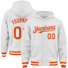 Загрузить изображение в средство просмотра галереи, Custom White Orange Bomber Full-Snap Varsity Letterman Hoodie Jacket