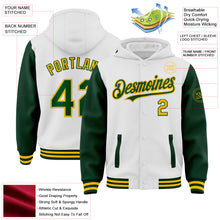 Charger l'image dans la galerie, Custom White Green-Gold Bomber Full-Snap Varsity Letterman Two Tone Hoodie Jacket