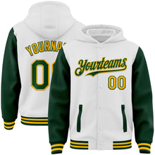 Charger l'image dans la galerie, Custom White Green-Gold Bomber Full-Snap Varsity Letterman Two Tone Hoodie Jacket