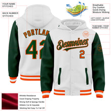 Charger l'image dans la galerie, Custom White Green-Orange Bomber Full-Snap Varsity Letterman Two Tone Hoodie Jacket