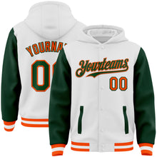 Charger l'image dans la galerie, Custom White Green-Orange Bomber Full-Snap Varsity Letterman Two Tone Hoodie Jacket