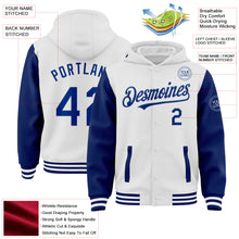 Laden Sie das Bild in den Galerie-Viewer, Custom White Royal Bomber Full-Snap Varsity Letterman Two Tone Hoodie Jacket