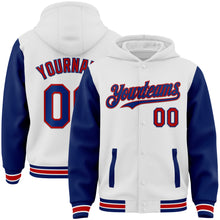 Загрузить изображение в средство просмотра галереи, Custom White Royal-Red Bomber Full-Snap Varsity Letterman Two Tone Hoodie Jacket