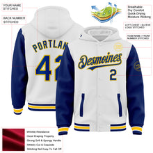 Laden Sie das Bild in den Galerie-Viewer, Custom White Royal-Yellow Bomber Full-Snap Varsity Letterman Two Tone Hoodie Jacket