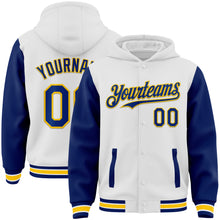 Laden Sie das Bild in den Galerie-Viewer, Custom White Royal-Yellow Bomber Full-Snap Varsity Letterman Two Tone Hoodie Jacket