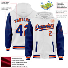 Laden Sie das Bild in den Galerie-Viewer, Custom White Royal-Orange Bomber Full-Snap Varsity Letterman Two Tone Hoodie Jacket
